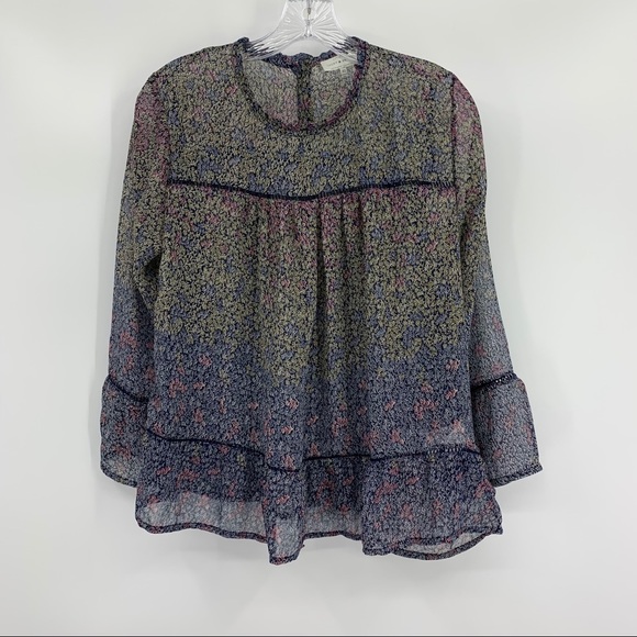 Lucky Brand Floral Print Sheer Peasant Top Blue Red Size XS - Picture 1 of 6